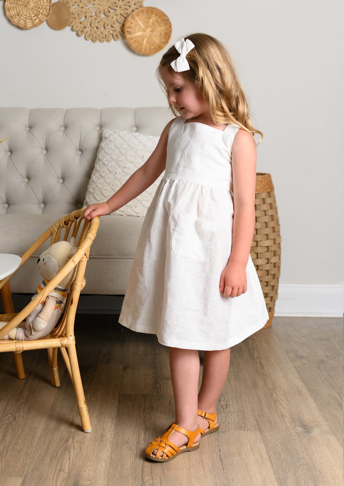 Girls Rustic White Cross Strap Linen Dress