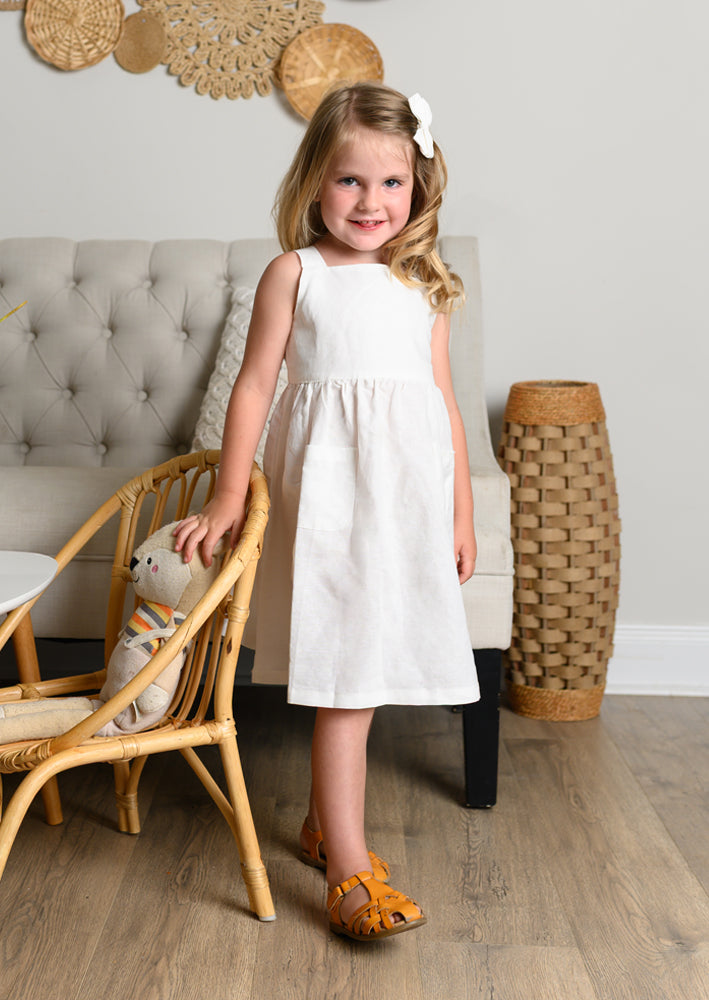 Girls Rustic White Cross Strap Linen Dress