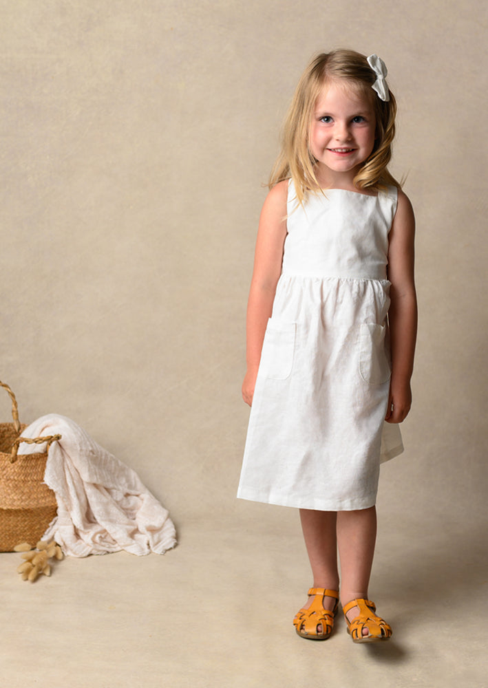 Girls Rustic White Cross Strap Linen Dress