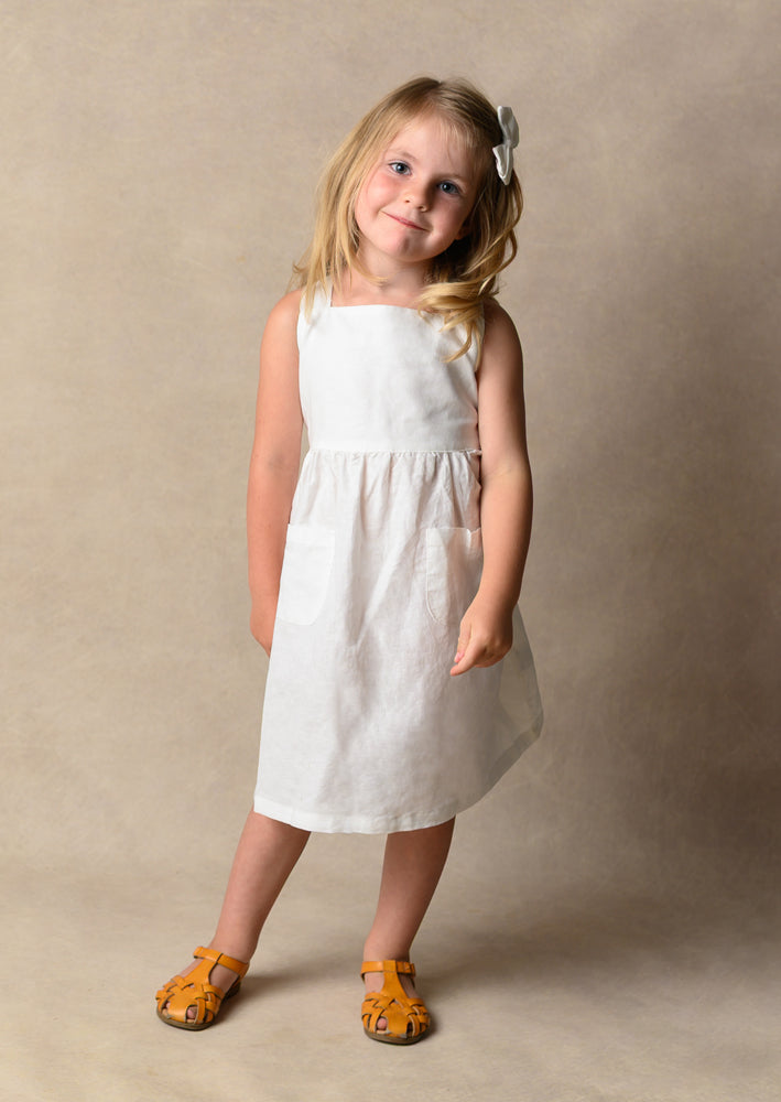 Girls Rustic White Cross Strap Linen Dress