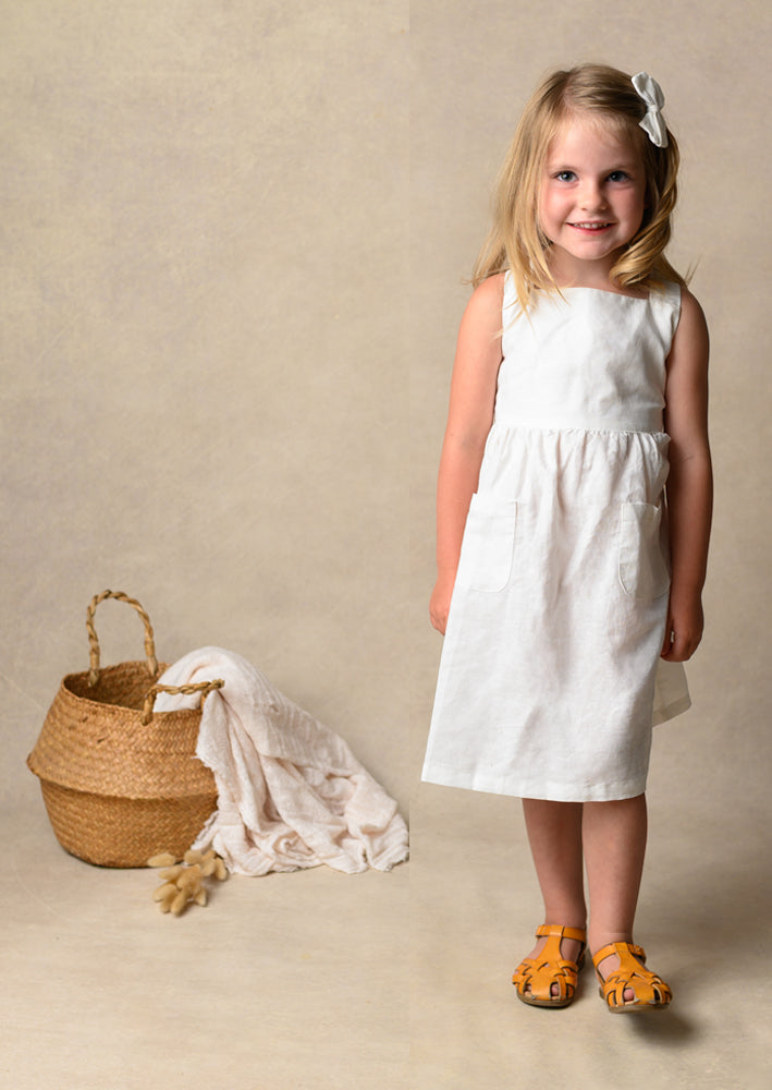 Girls Rustic White Cross Strap Linen Dress
