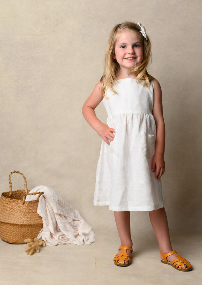 Girls Rustic White Cross Strap Linen Dress