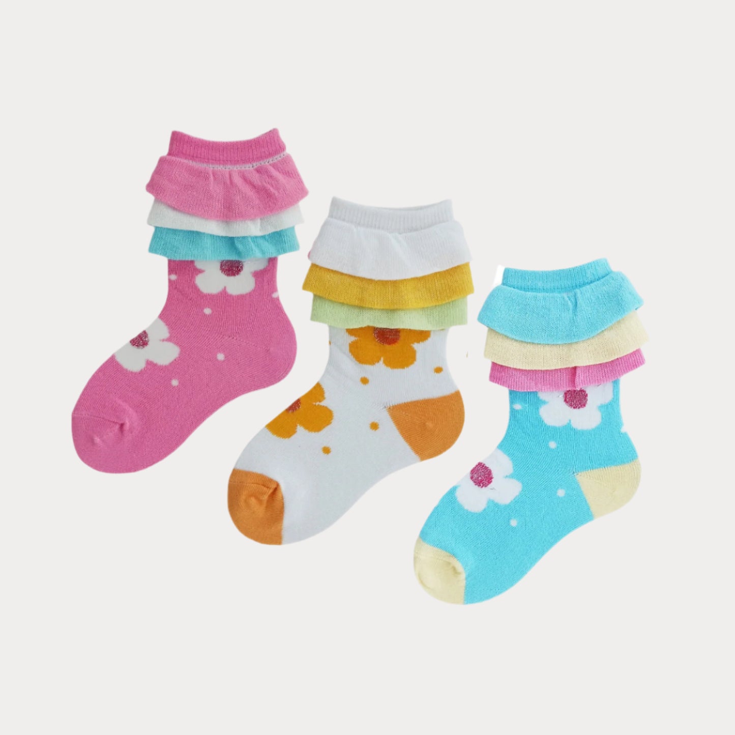 Toddler Girls Glitter Dot Flower Layered Ankle Socks in rainbow colors