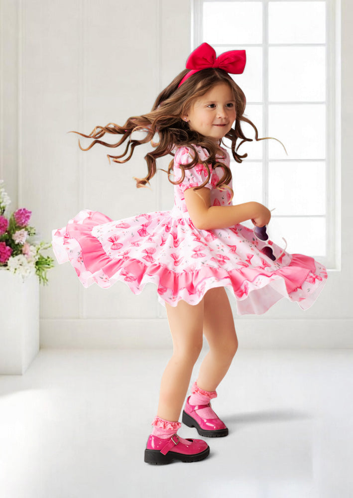 Toddler Girl Barbie Pink Birthday Bows Twirl Dress