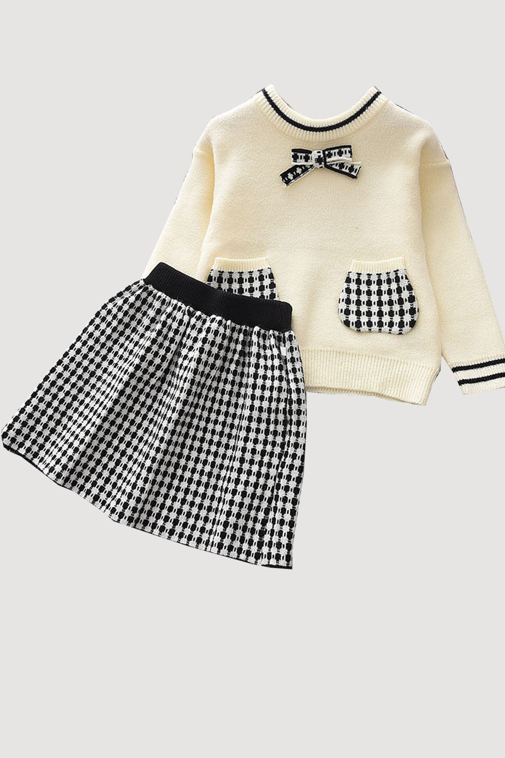 Check Pocket Sweater with Skirt Set