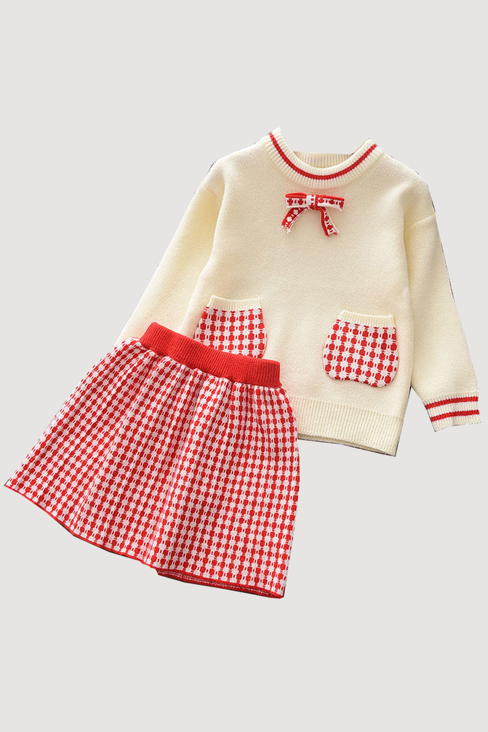 Check Pocket Sweater with Skirt Set