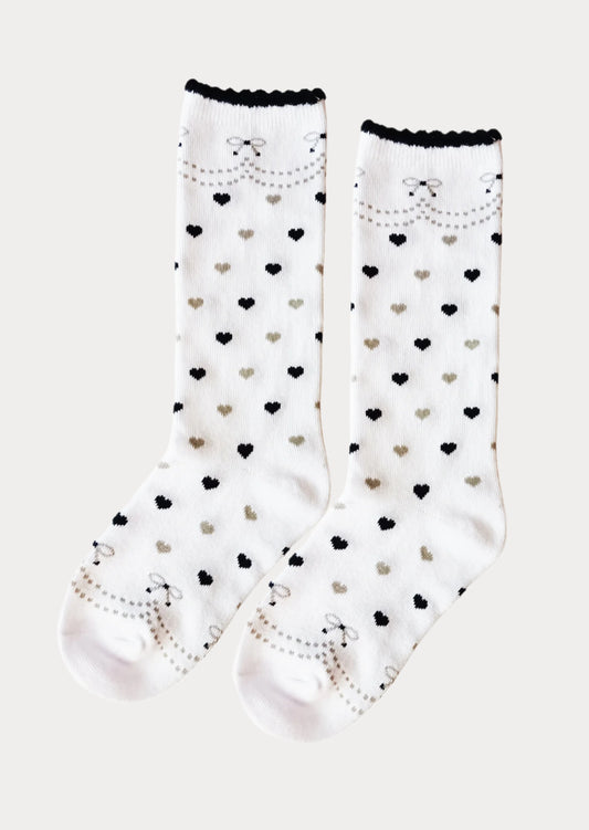 Girls Black White Print Knee Socks White Black Hearts