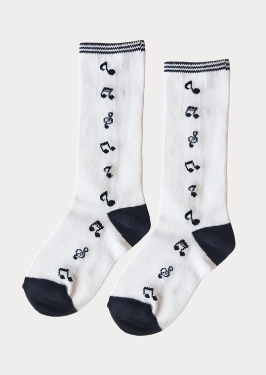 Girls Black White Print Knee Socks Black White Music