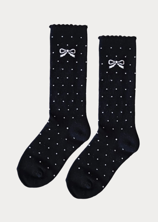 Girls Black White Print Knee Socks Black Dot