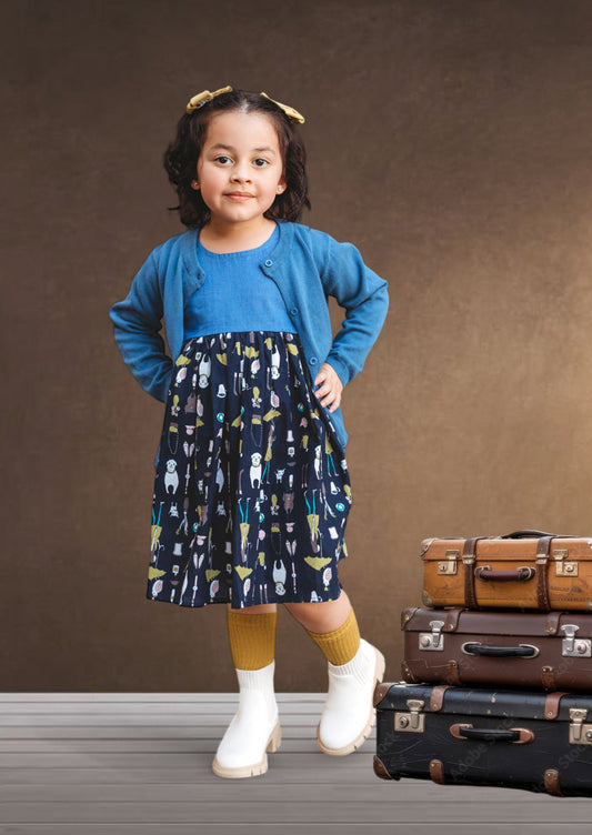 Girls Blue Denim Animal Print Dress for School