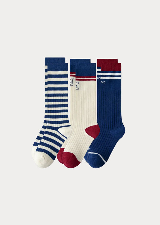 Navy Stripe Knee High School Sports Socks (Sizes 3-12Years)