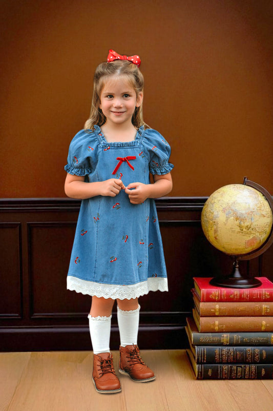 Mushrooms Dress | Blue Denim with Red