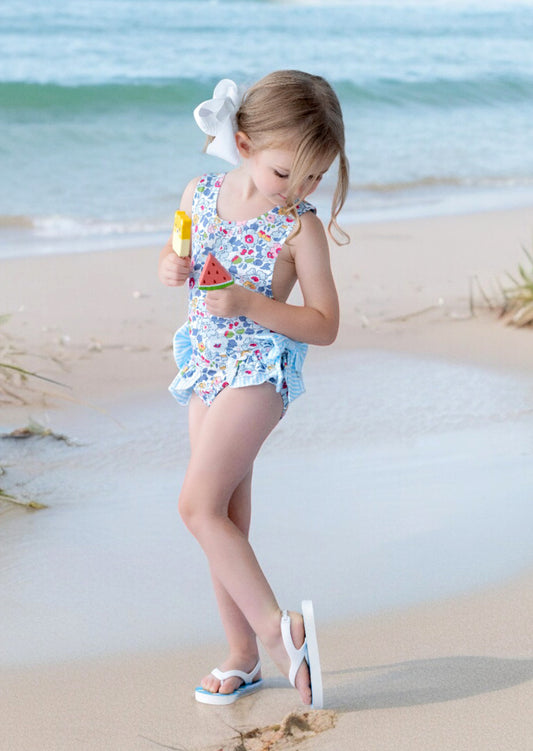 Toddler Girl Blue Floral Swimsuit – Ruffles, Bows & Open Back