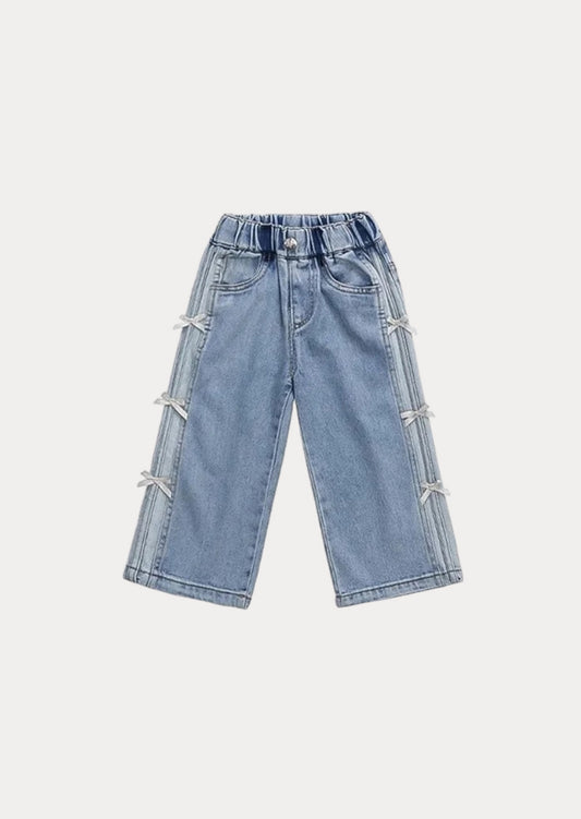 Loose Fit Bow Trim Jeans | Faded Blue Denim