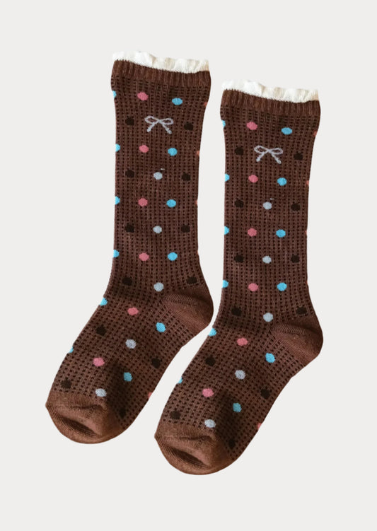 Girls Brown Beige Print Knee Socks 4-8 Year Brown Dot
