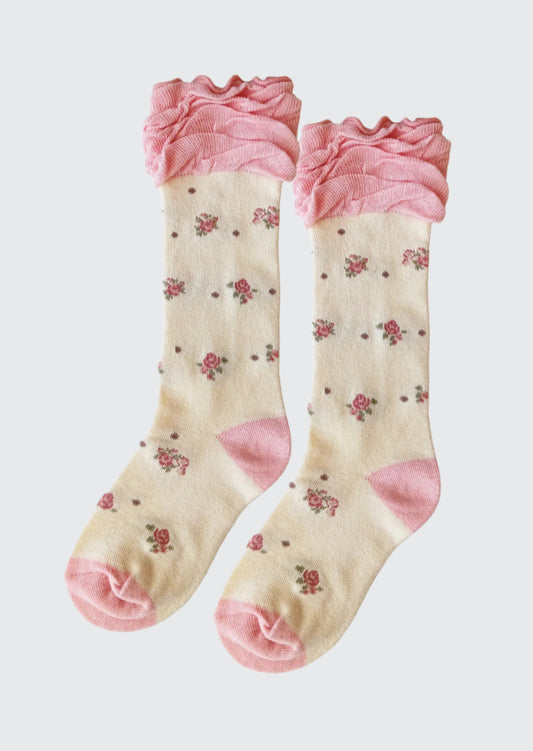 Pink Print Knee Socks 4-8 Year Cream Floral