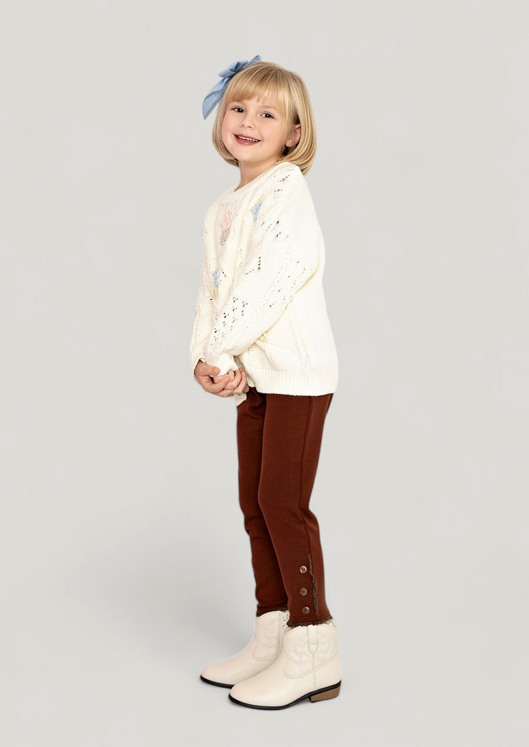 Toddler Girl Handknit Crochet Flowers Girls Pullover Sweater in Cream