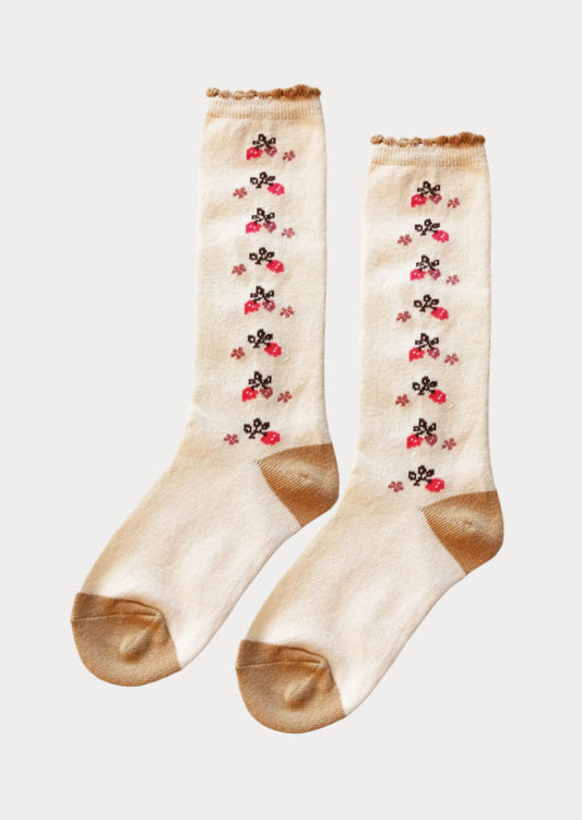 Girls Brown Beige Print Knee Socks 4-8 Year Cream Floral