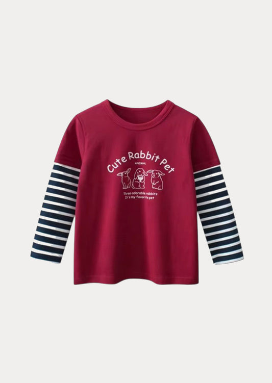 Cute Rabbits Striped Sleeve Tee | Cranberry Navy