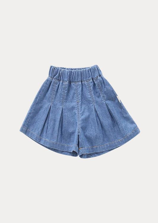 Wide Leg Pleated Jean Shorts | Blue Denim