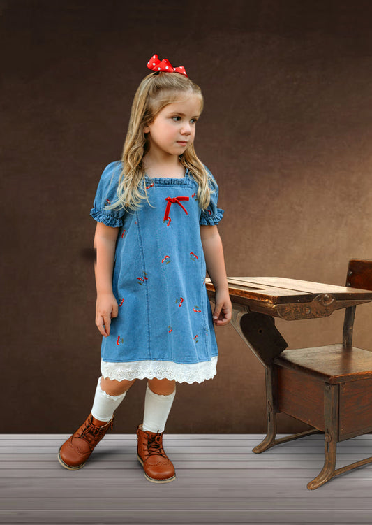 Mushrooms Dress | Blue Denim with Red