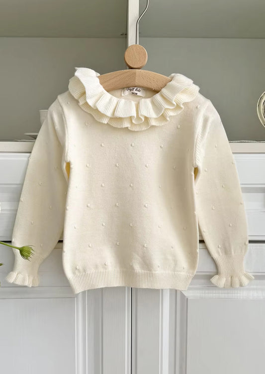 Handknit Ruffle Neck Toddler Girls Pullover Sweater in Cream