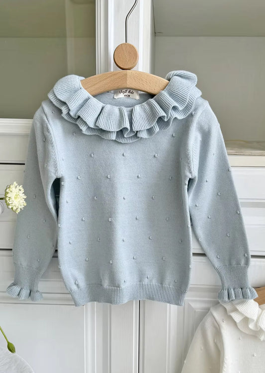 Toddler Girls Handknit Ruffle Neck Pullover Sweater in Blue