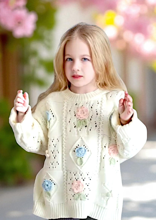 Little Girl Handknit Crochet Flowers Girls Pullover Sweater in Cream