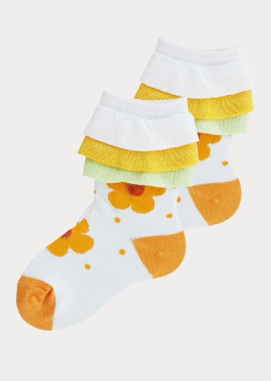 Toddler Girl Glitter Dot Flower Layered Ankle Socks in Yellow