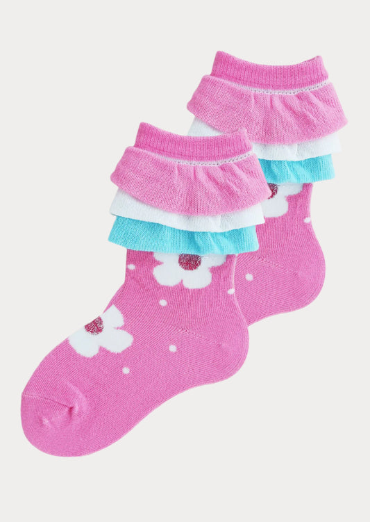 Toddler Girl Glitter Dot Flower Layered Ankle Socks in Pink