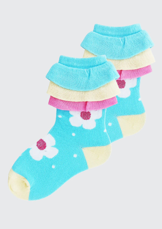 Toddler Girl Glitter Dot Flower Layered Ankle Socks in Aqua