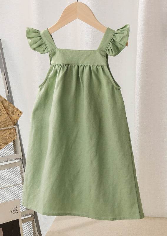 Girls Green Rustic Country Linen Dress