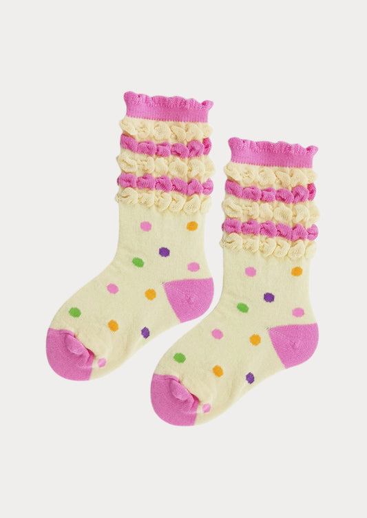 Candy Dots Poufy Girls Ankle Socks In Pink and Yellow
