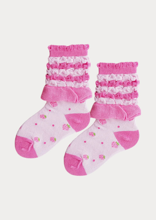 Candy Ruffle Pink on Pink Strawberry Girls Ankle Socks