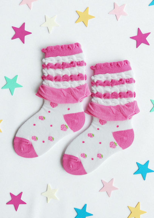 Toddler Girls Candy Ruffle Pink & White Strawberry Ankle Socks