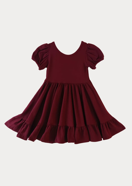 Puff Sleeve Twirl Dress in Burgundy