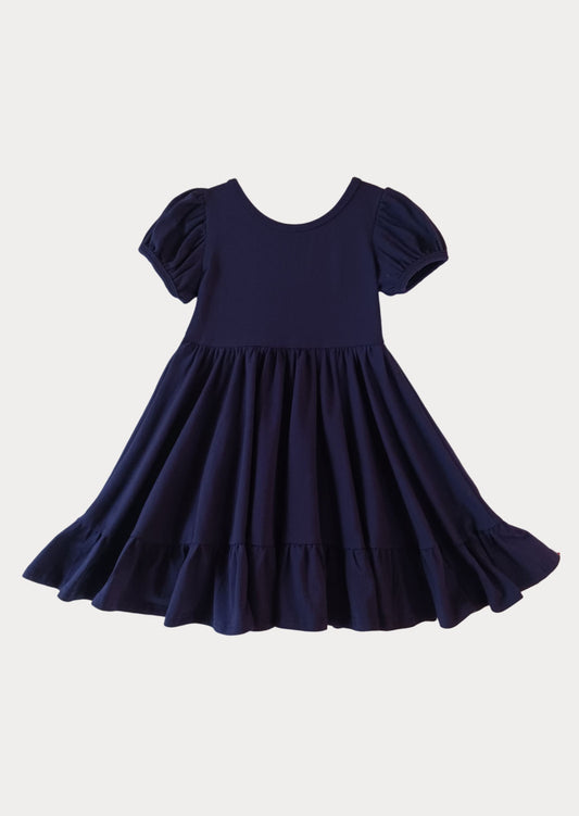 Puff Sleeve Twirl Dress in Navy