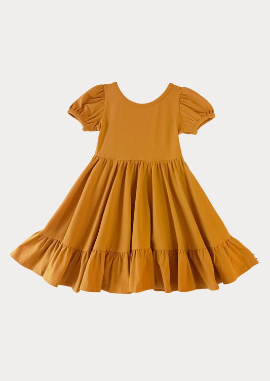 Puff Sleeve Twirl Dress in Gold