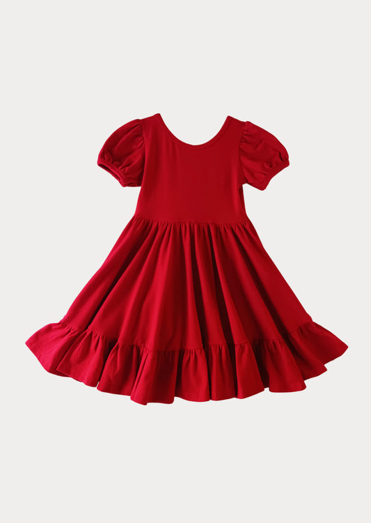 Puff Sleeve Twirl Dress | Red