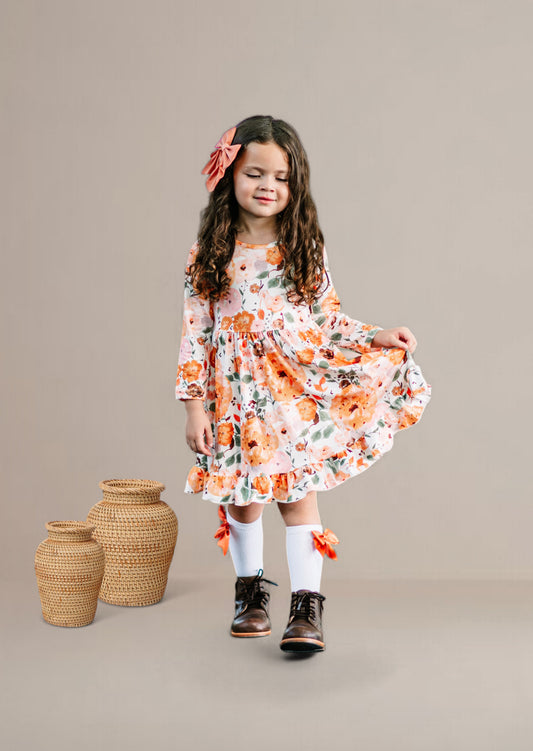 Kaira Fall Floral Twirl Dress | Brown Orange