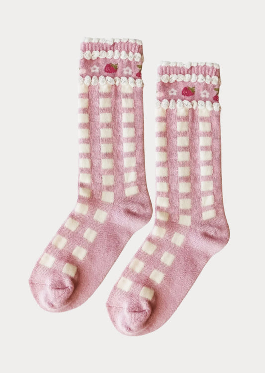 Pink Print Knee Socks 4-8 Year Mauve Squares
