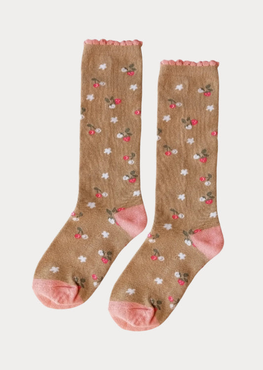 Girls  Brown Beige Print Knee Socks 4-8 Year Nut Brown Fancy