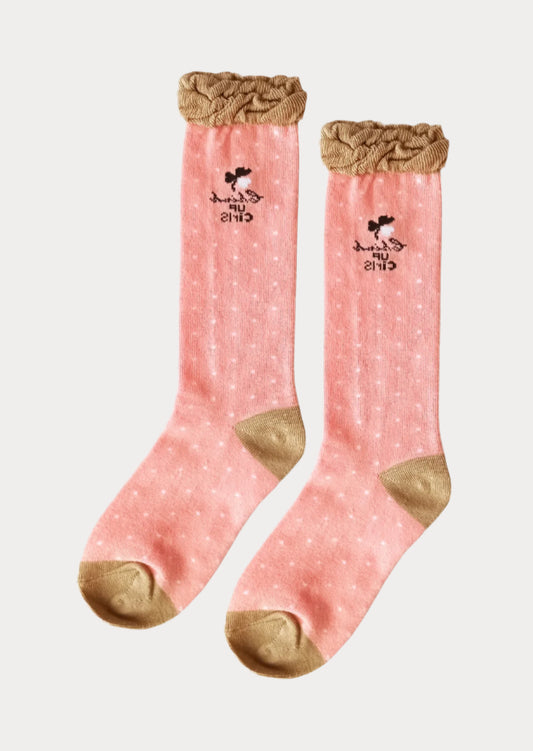 Girls Brown Beige Print Knee Socks 4-8 Year Peach Truffle
