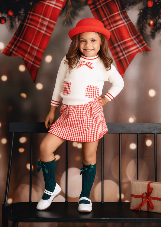 Check Pocket Sweater with Skirt Set