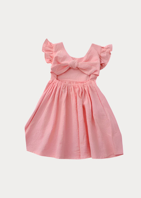 Toddler Girls Pink Linen Dress – Ruffle Sleeve & Tie Back  
