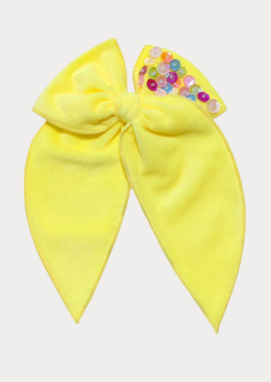 Kids Girls Toddlers Large Yellow  Velvet Hair Bow with Sequins