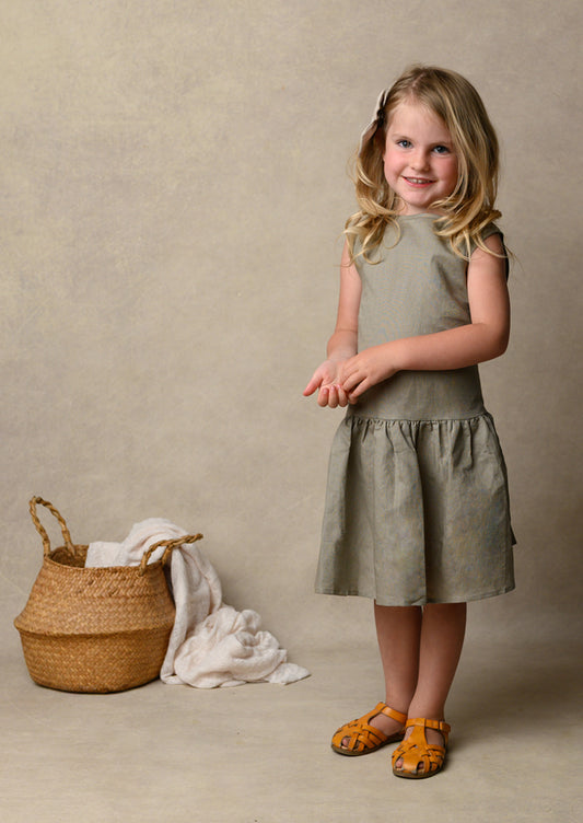 Girls Taupe Linen Ruffle Dress