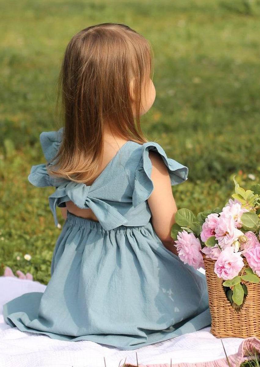 Toddler & Girls Blue Linen Dress – Ruffle Sleeve & Tie Back  