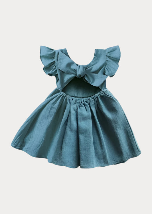 Toddler & Girls Blue Linen Dress – Ruffle Sleeve & Tie Back  