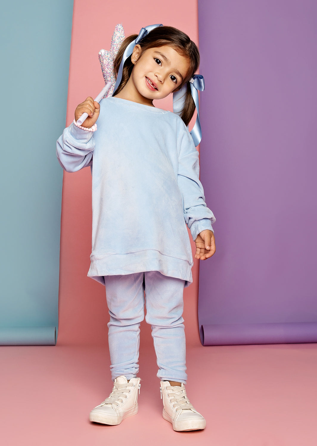 Toddler Girls Long Sleeve Velour Sweatshirt and jogger In Lt. Blue